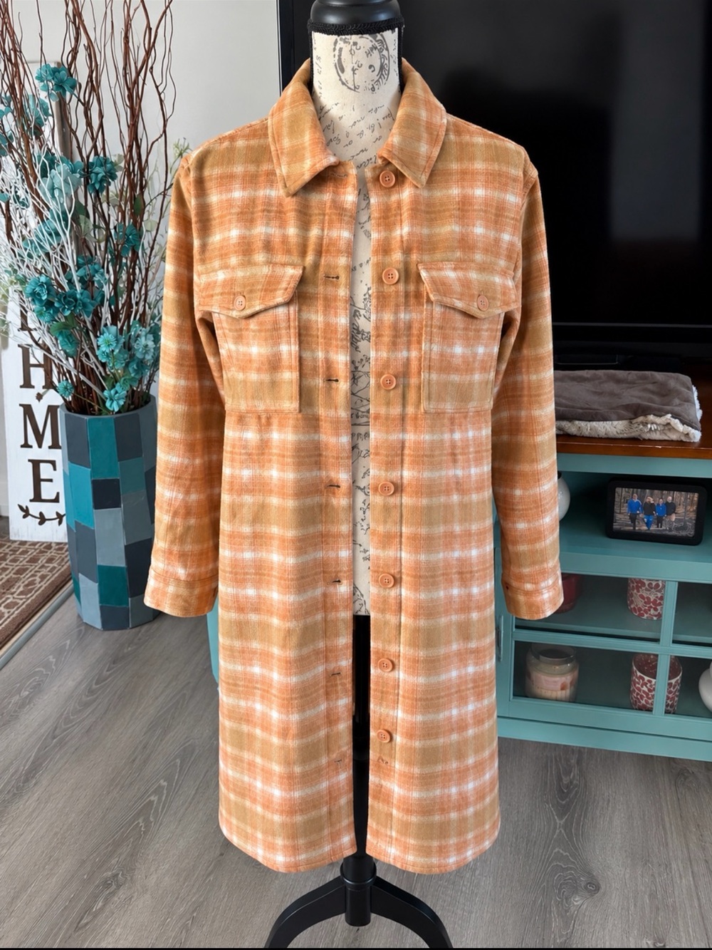 Jessica Simpson Toasted Coco Plaid Button-Front Shacket Coat With Pockets MED